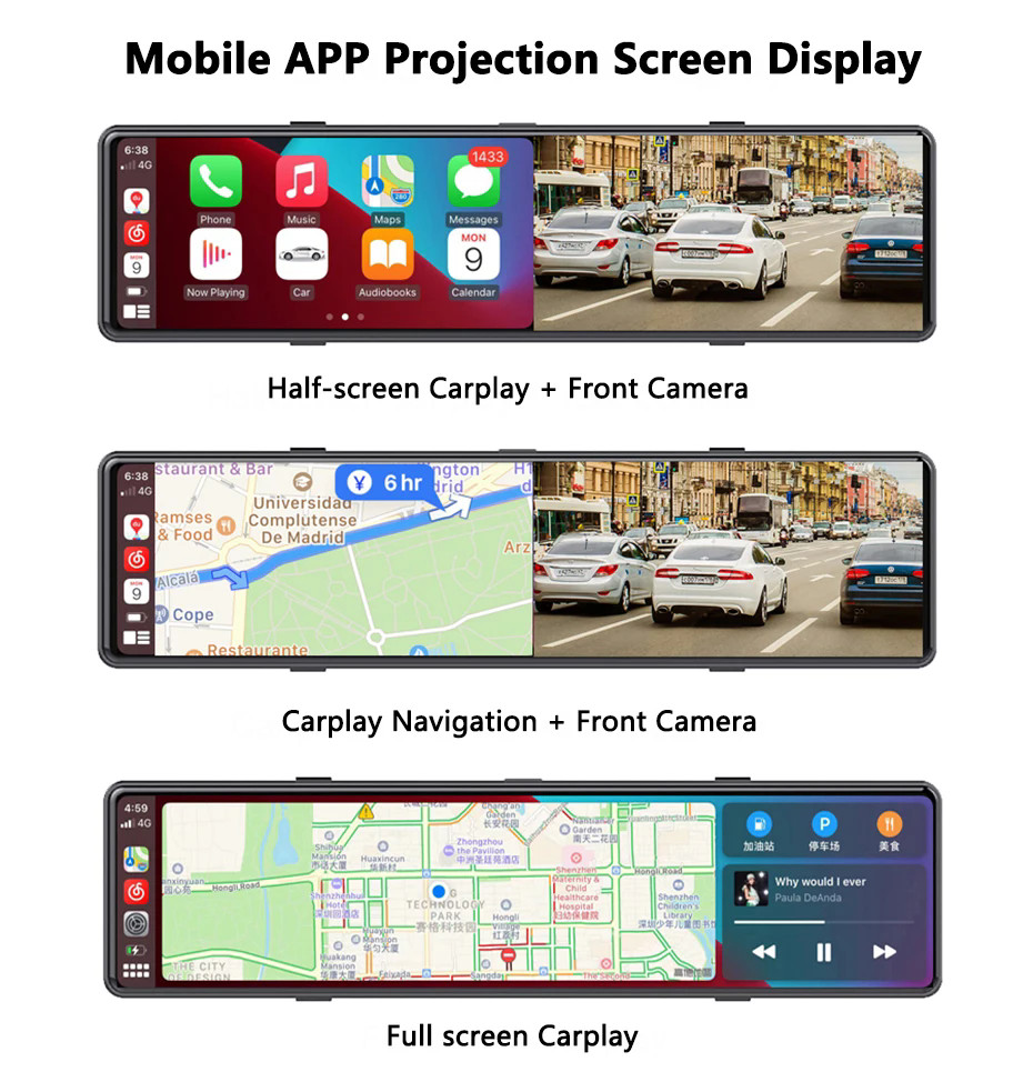 Wireless Carplay Android Auto Car Rearview Mirror Dash Camera Front 4K Dual Cam
