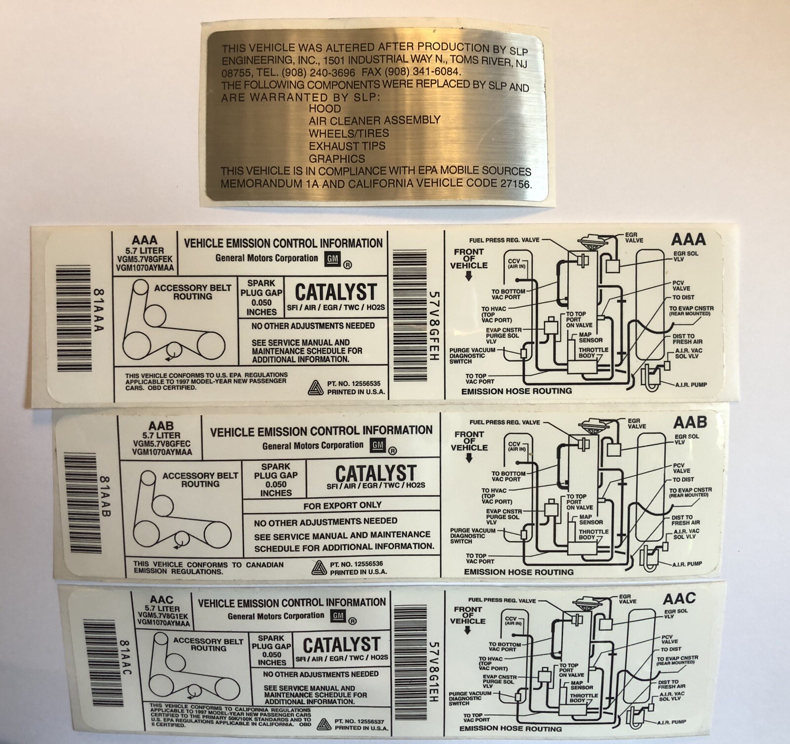 Rare NOS OEM GM SLP Camaro SS/Firehawk LT1 LS1 Engine Alteration Emission Decals