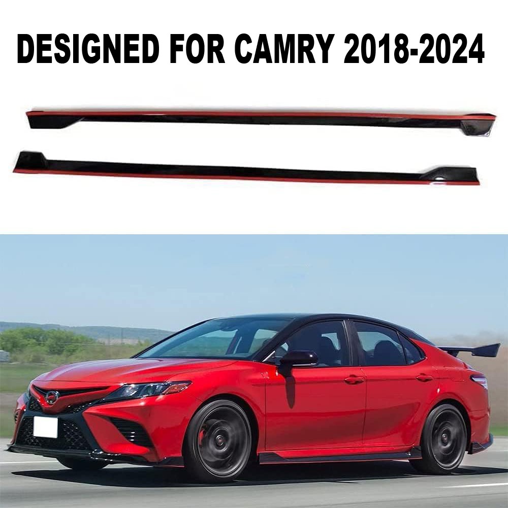 4PC Side Skirts Extension Gloss Black w/red line for 18-24 Toyota Camry SE XSE