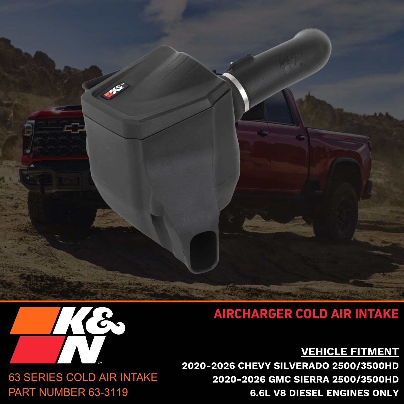 K&N Aircharger Cold Air Intake for 2020-2026 Silverado & Sierra 2500 3500 6.6L