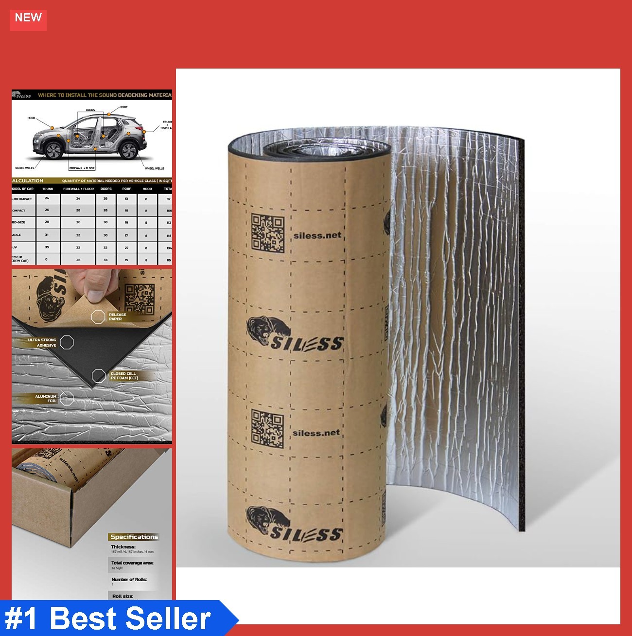 Sound Deadening Mat 36 sqft 157 mil 4mm Aluminum Foil Closed Cell Foam Car