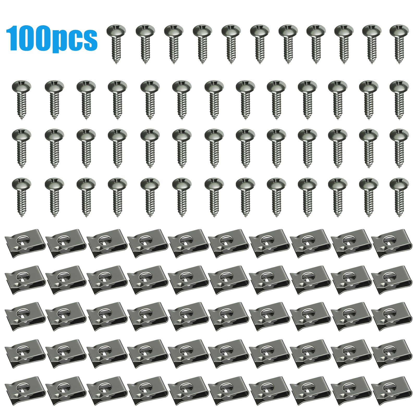 100pcs Car U-Clips & Body Bolts Screws Fastener Kit Fender Bumper Trim Retainer