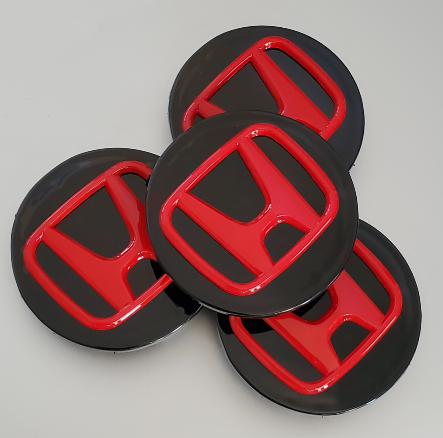 4 Gloss Black Wheel Center Caps Red Logo for Honda Rim Hubcaps 69mm / 2.75″