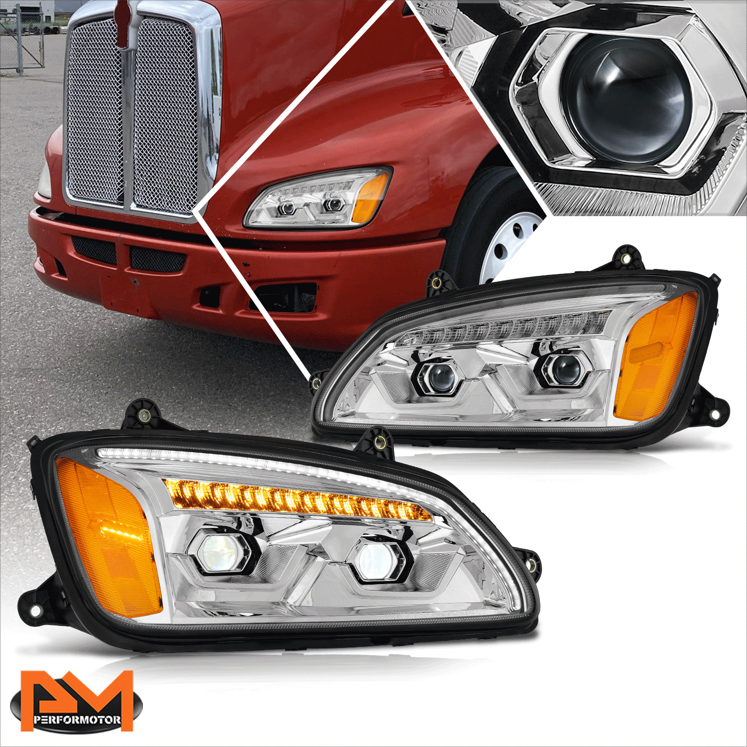 For 08-17 Kenworth T660 LED DRL Sequential Signal Projector Headlights Chrome