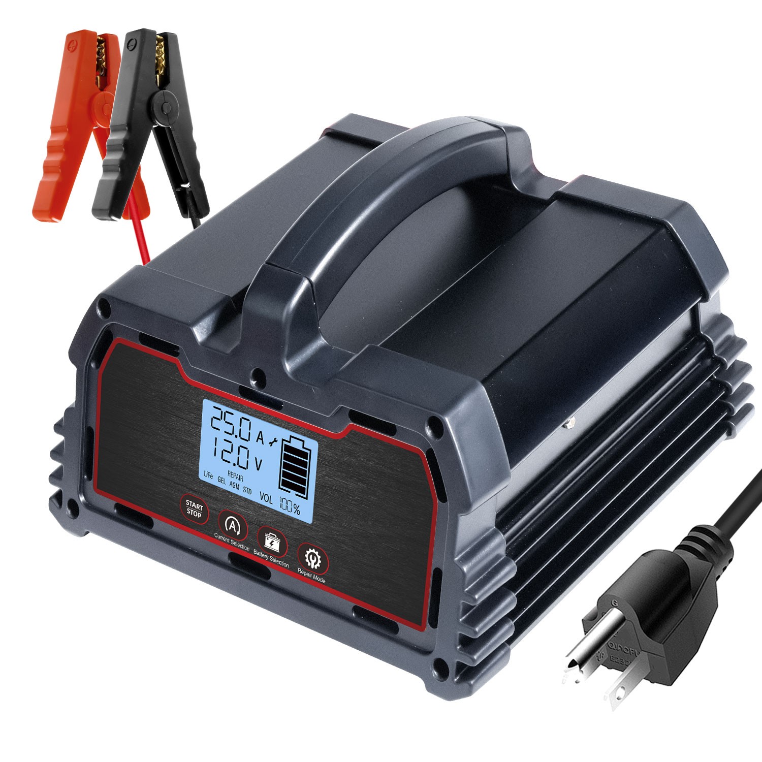 25A Smart Battery Charger 12V 24V GEL AGM 12V LiFePO4 Auto Car Motorcycle Black