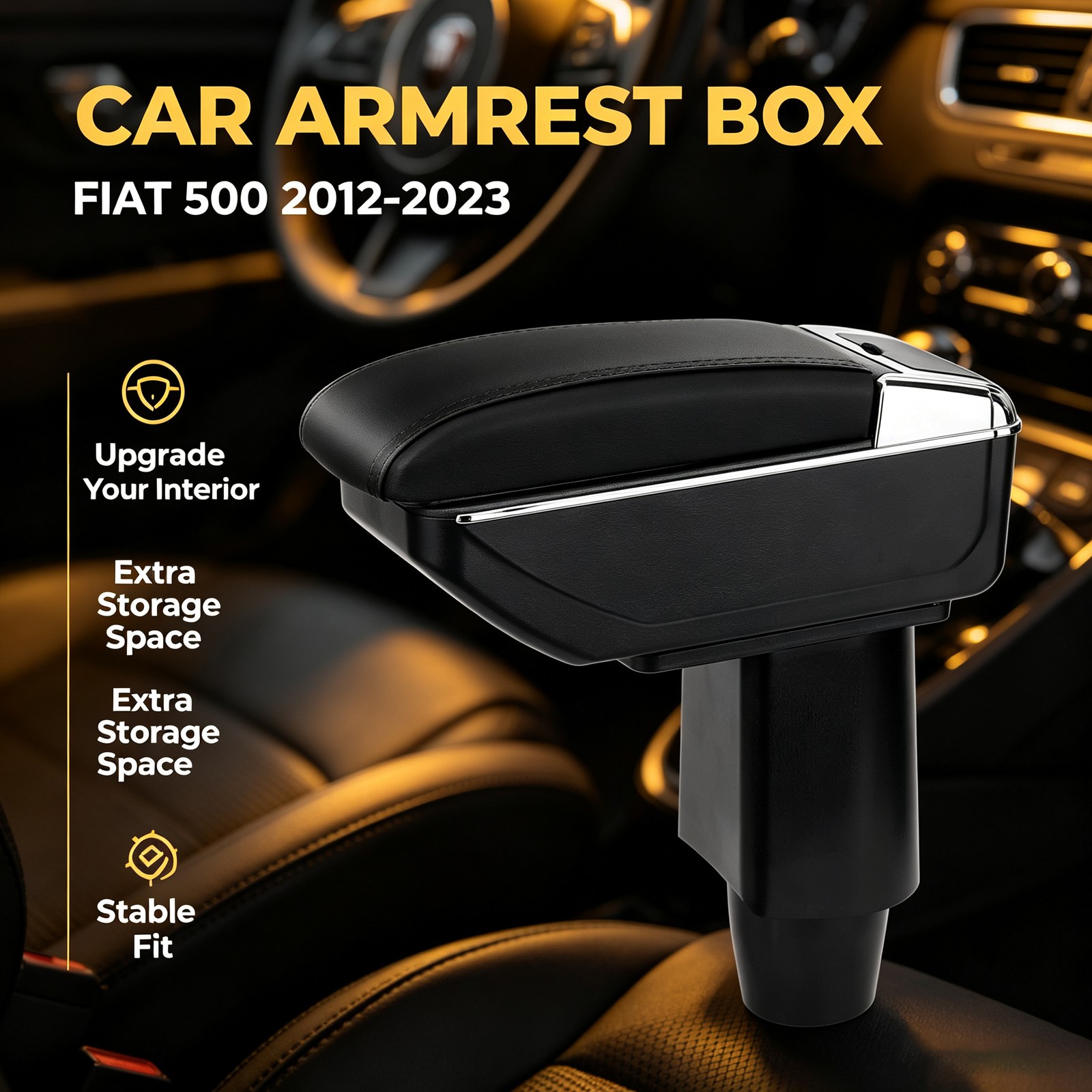 For Fiat 500 12-23 Center Arm Rest Storage Box Black With Stitched Car Interior