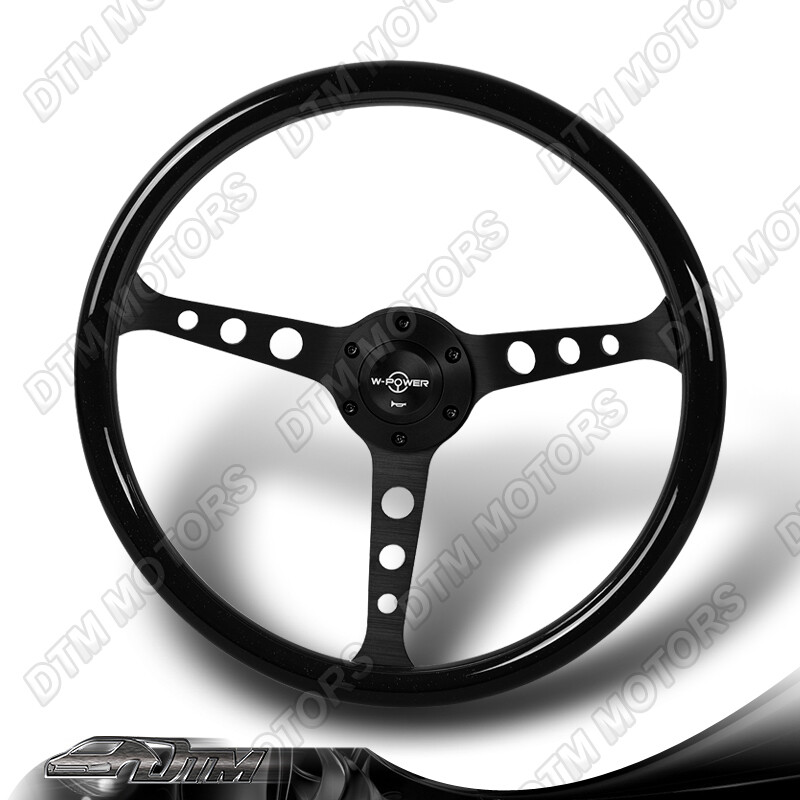 15-Inch W-Power 380MM Black Wood Grain Black Spoke 3″ Deep Dish Steering Wheel