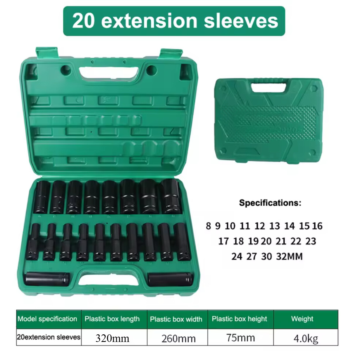 20PCS 1/2Inch Impact Sockets Set Drive Metric 8mm-32mm Deep 6-Point Set w/case