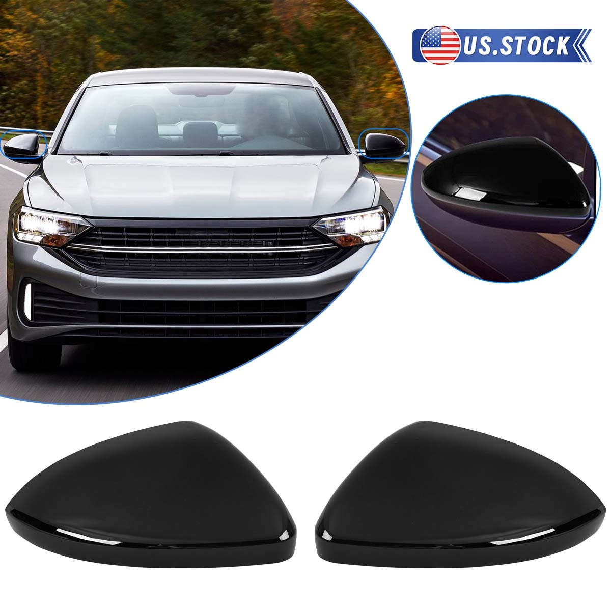 Side Mirror Cover Caps Left+Right Gloss Black For VW Jetta 2019-2025 W/O Signal