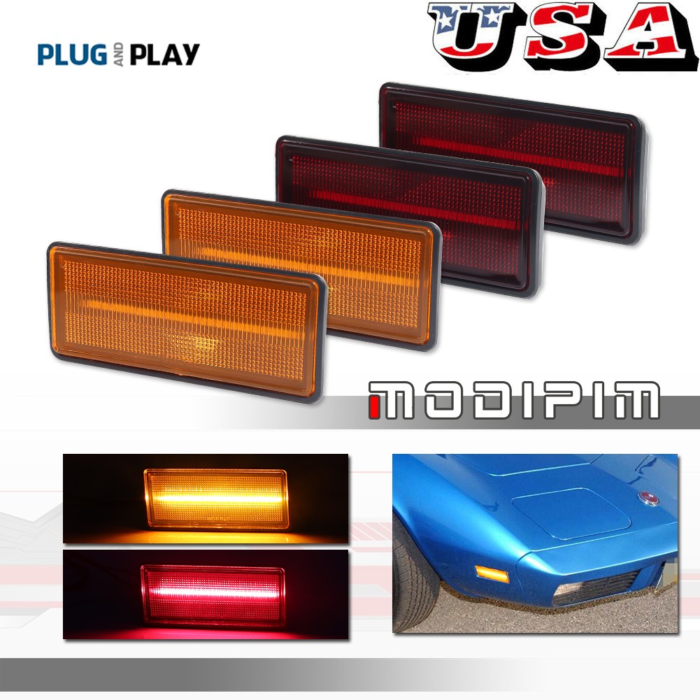 Front Amber Rear Red LED Bumper Side Marker Lights For Chevy Corvette C3 1974-79
