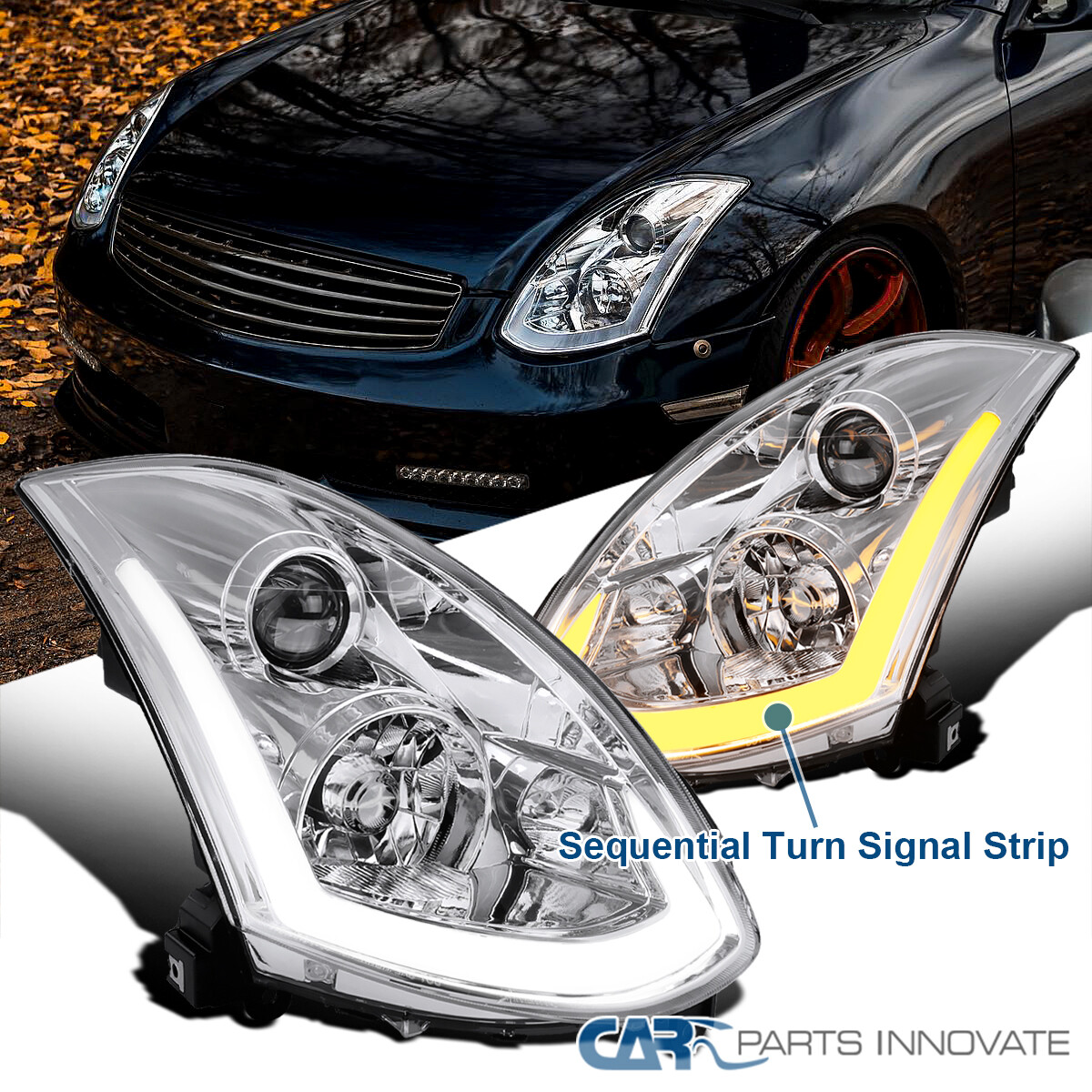 Clear Fits 2003-2007 Infiniti G35 Coupe HID Type LED Strip Projector Headlights