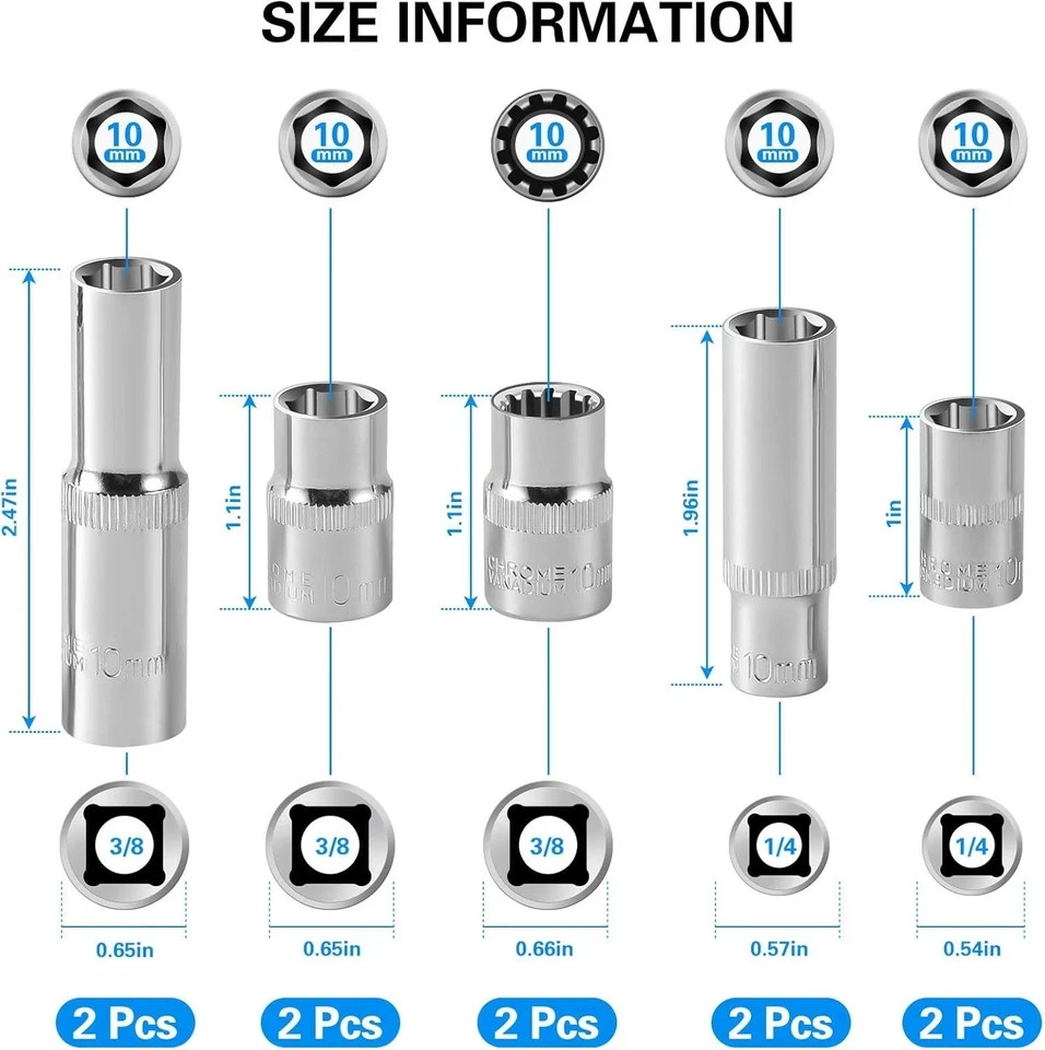 10-piece] 10mm Socket Set, 1/4-inch & 3/8-inch Drive Impact Socket, 6-point &…