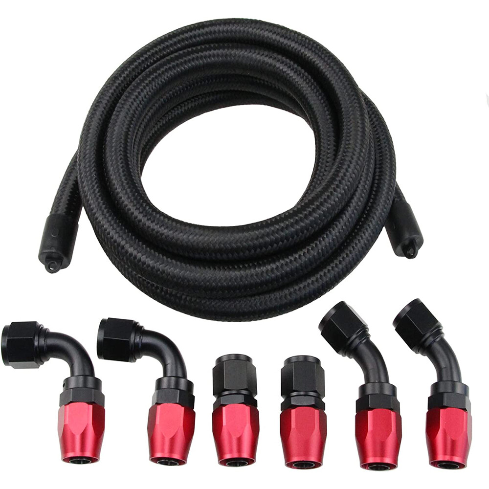 6pcs AN-10 Fitting Stainless Steel Nylon Braided Gas Oil Fuel Hose Line Kit 16FT