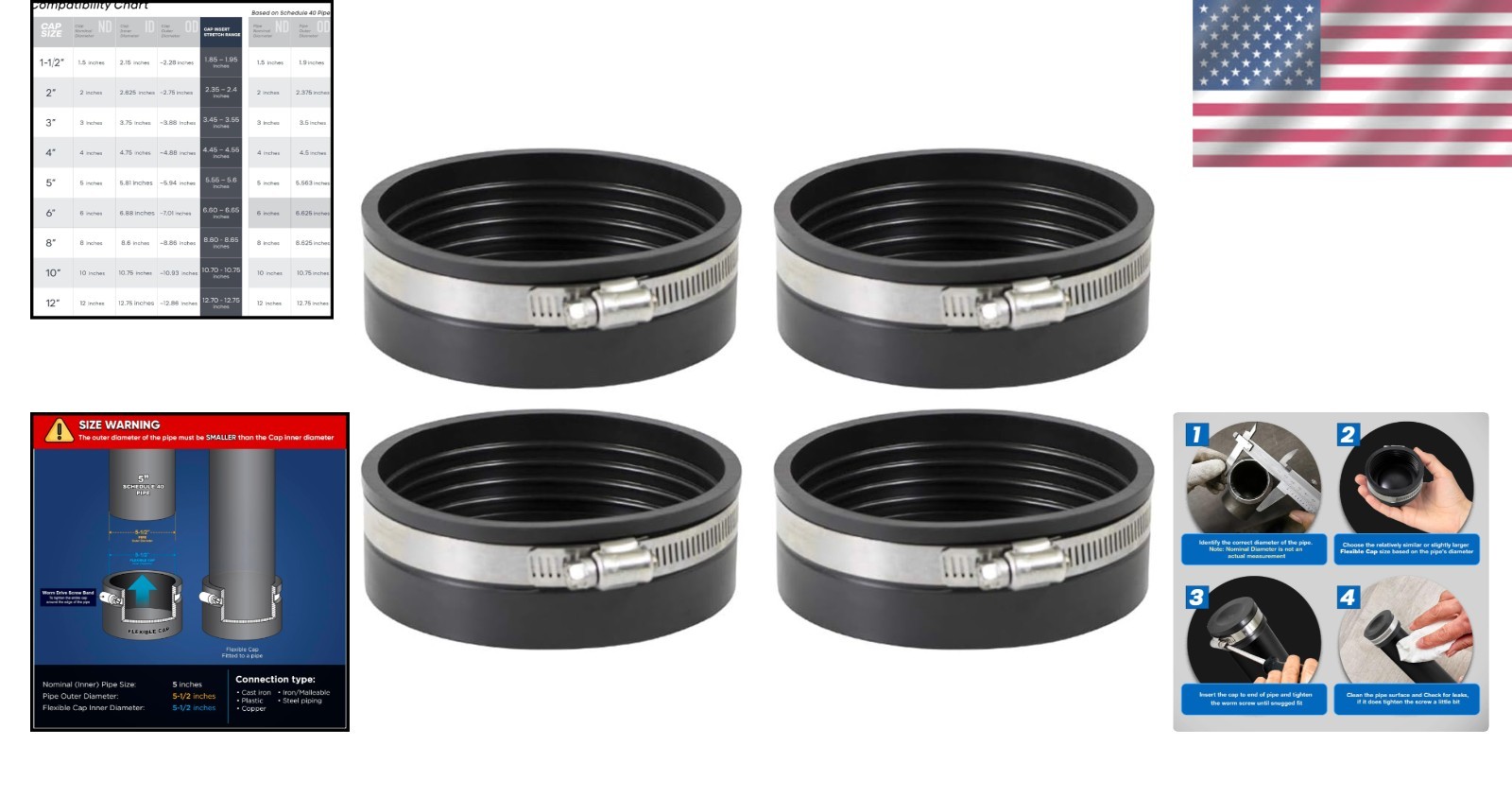 4 Pack 5 Inch PVC Pipe Caps Compatible With Cast Iron Copper Plastic Steel