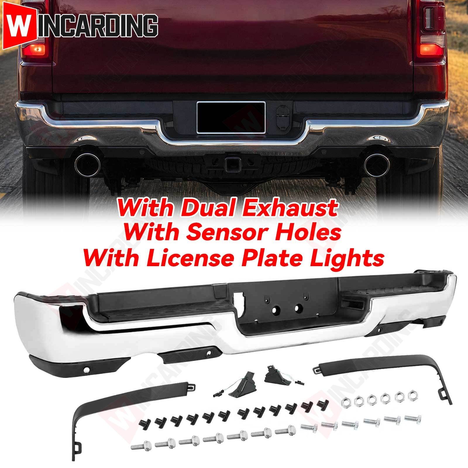 Rear Chrome Steel Bumper For 2019-2024 RAM 1500 w/ Dual Exhaust & Park Sensors