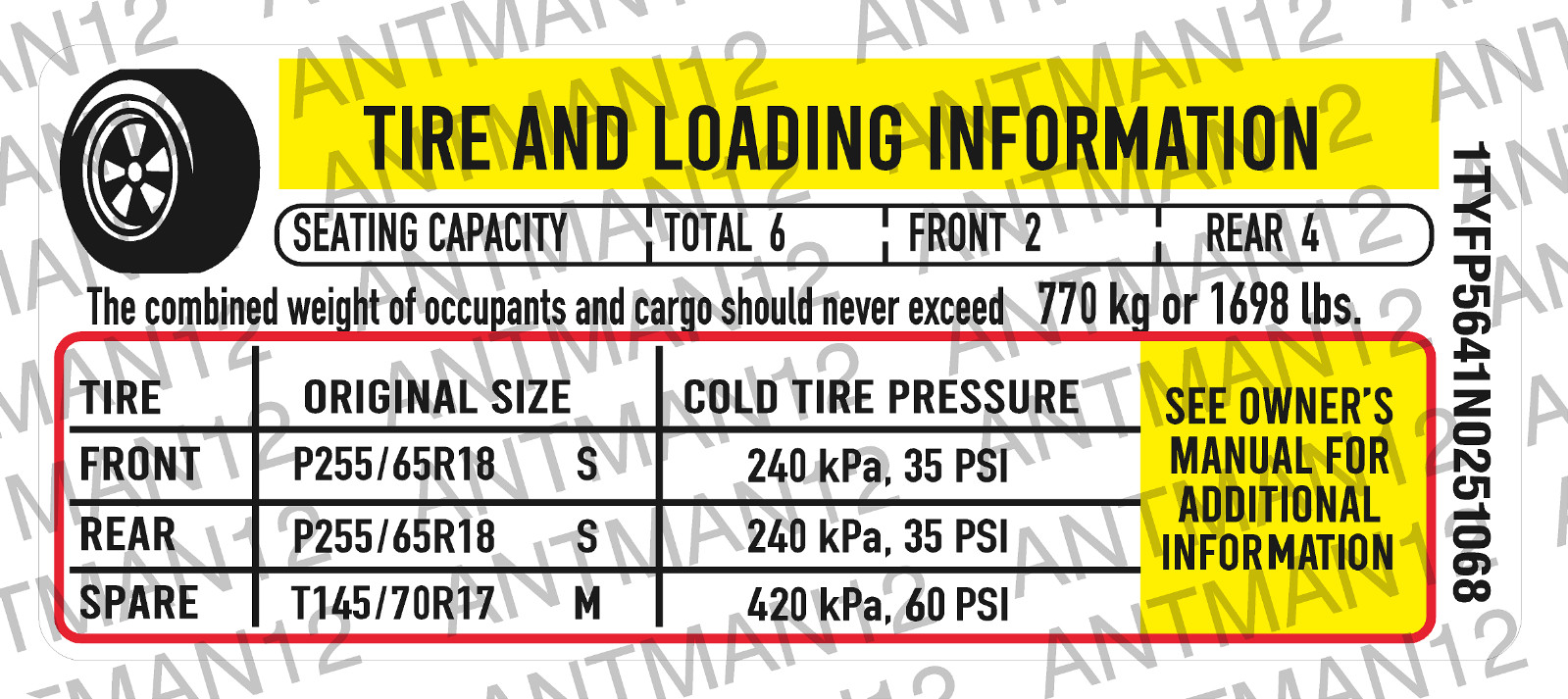 GM CHEVROLET FORD CHRYSLER TIRE LOADING INFORMATION VIN# Number DECAL Label 3M