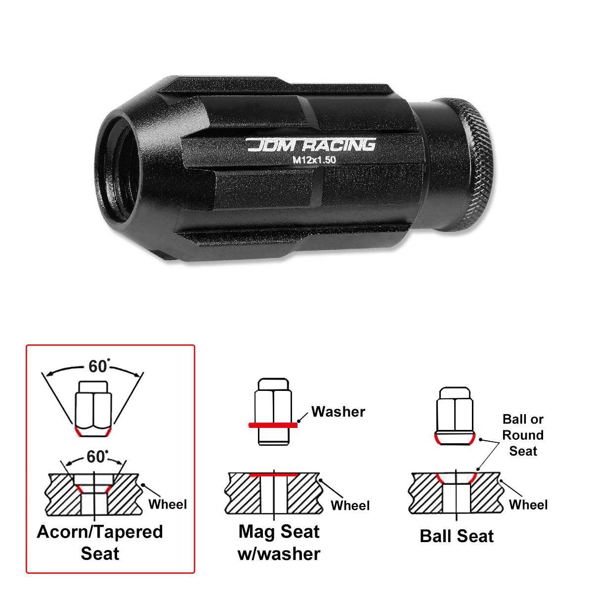 M12X1.5 Black JDM Open End Bulge Spline Wheel Lug Nuts+Lock Key 24mmx50mm 20Pc