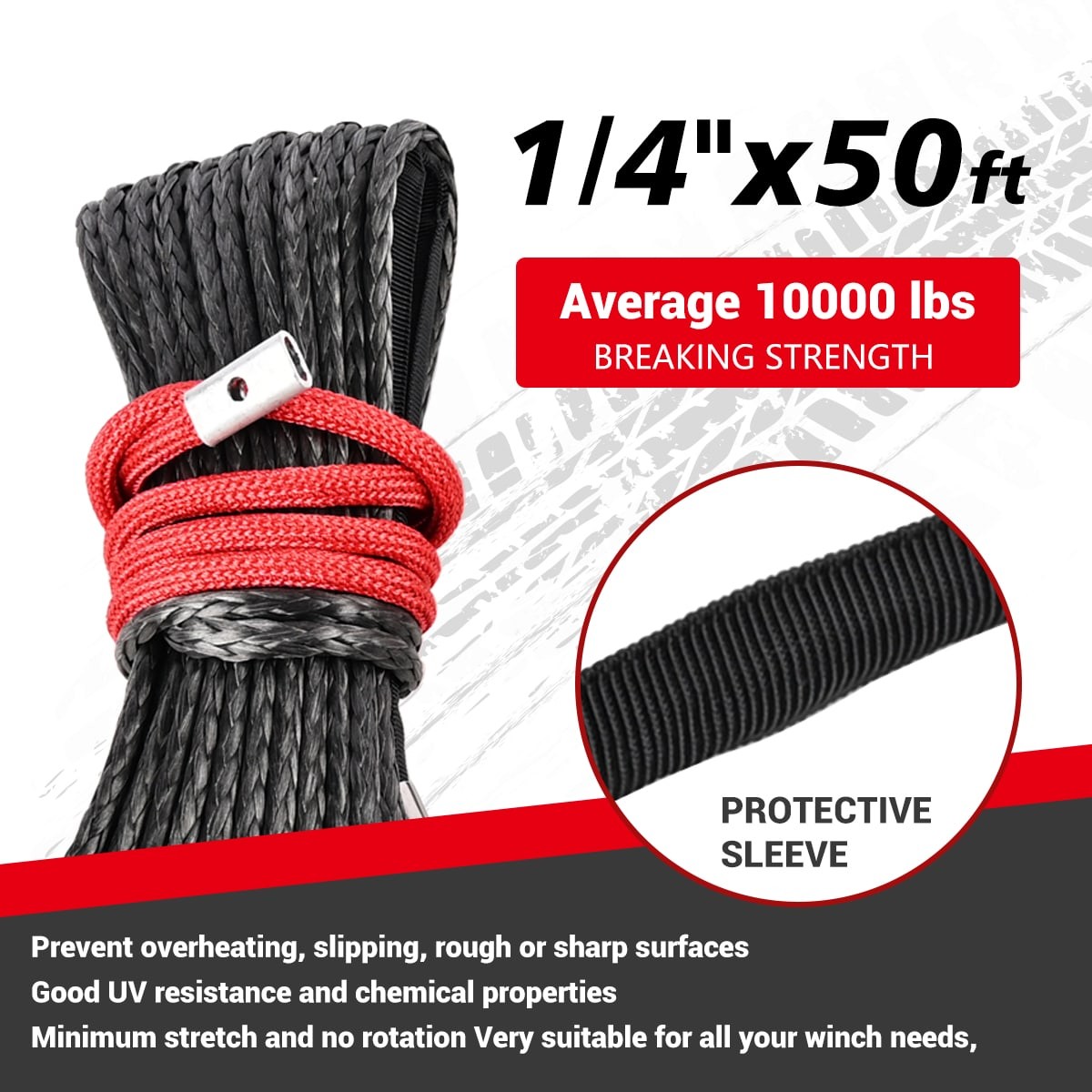 1/4″x50 ft Synthetic Winch Rope 10000LBS Winch Line Hook for ATV UTV Offroad