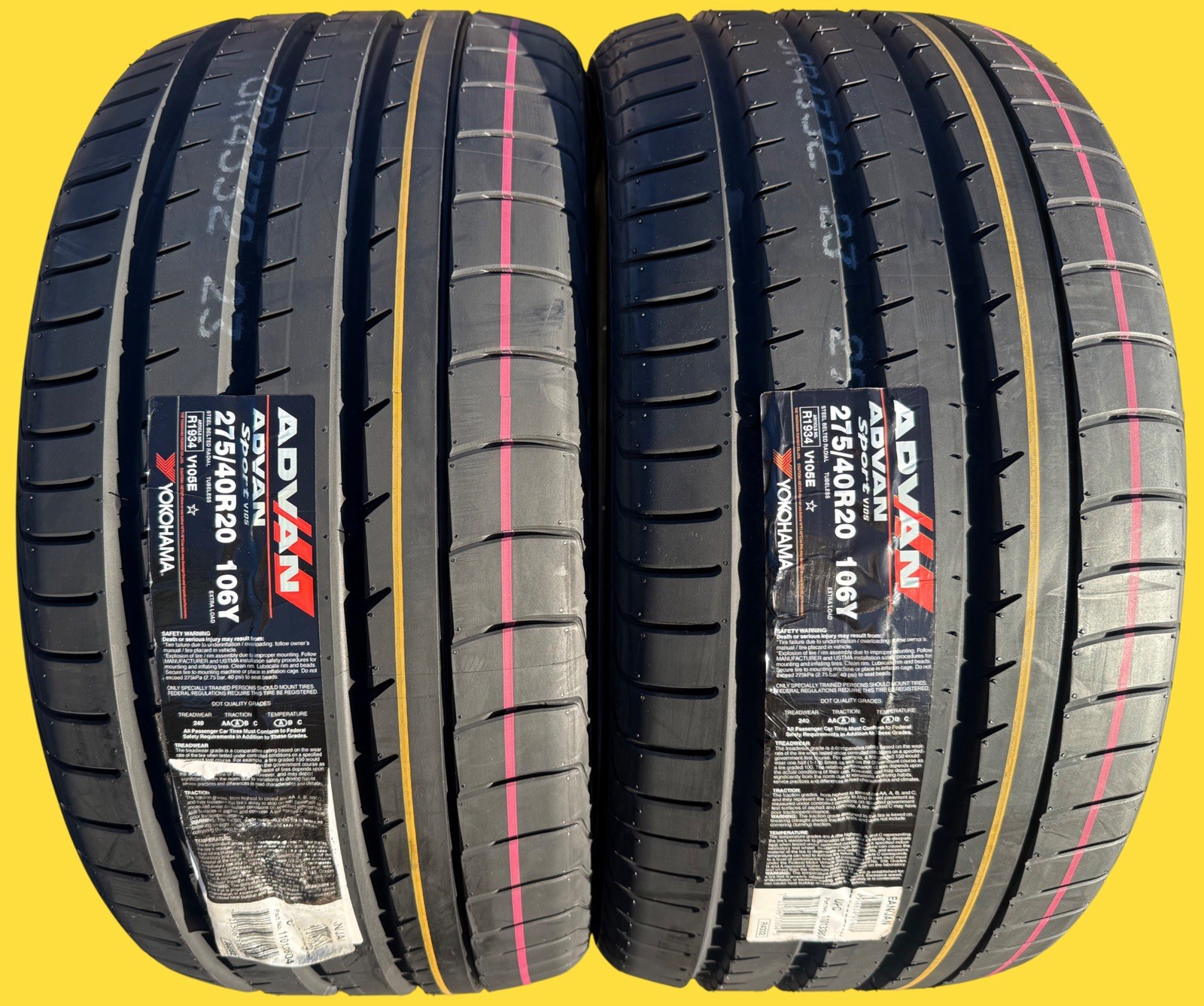 Set of TWO BRAND NEW 275/40R20 106Y Yokohama ADVAN Sport V105 Tires 2754020