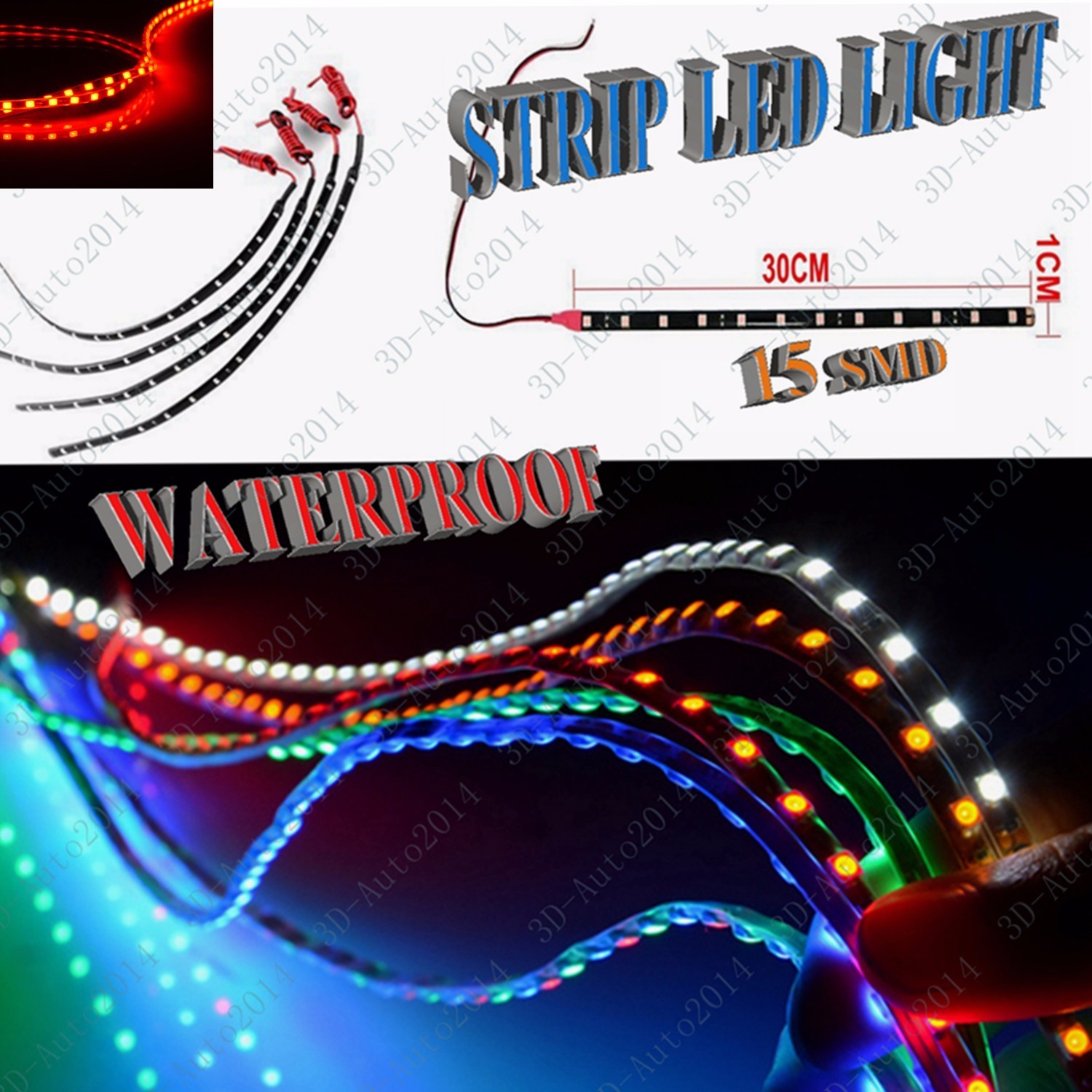 Red 4pcs 30cm 12v 15-SMD LED Car Flexible Waterproof Light Strip