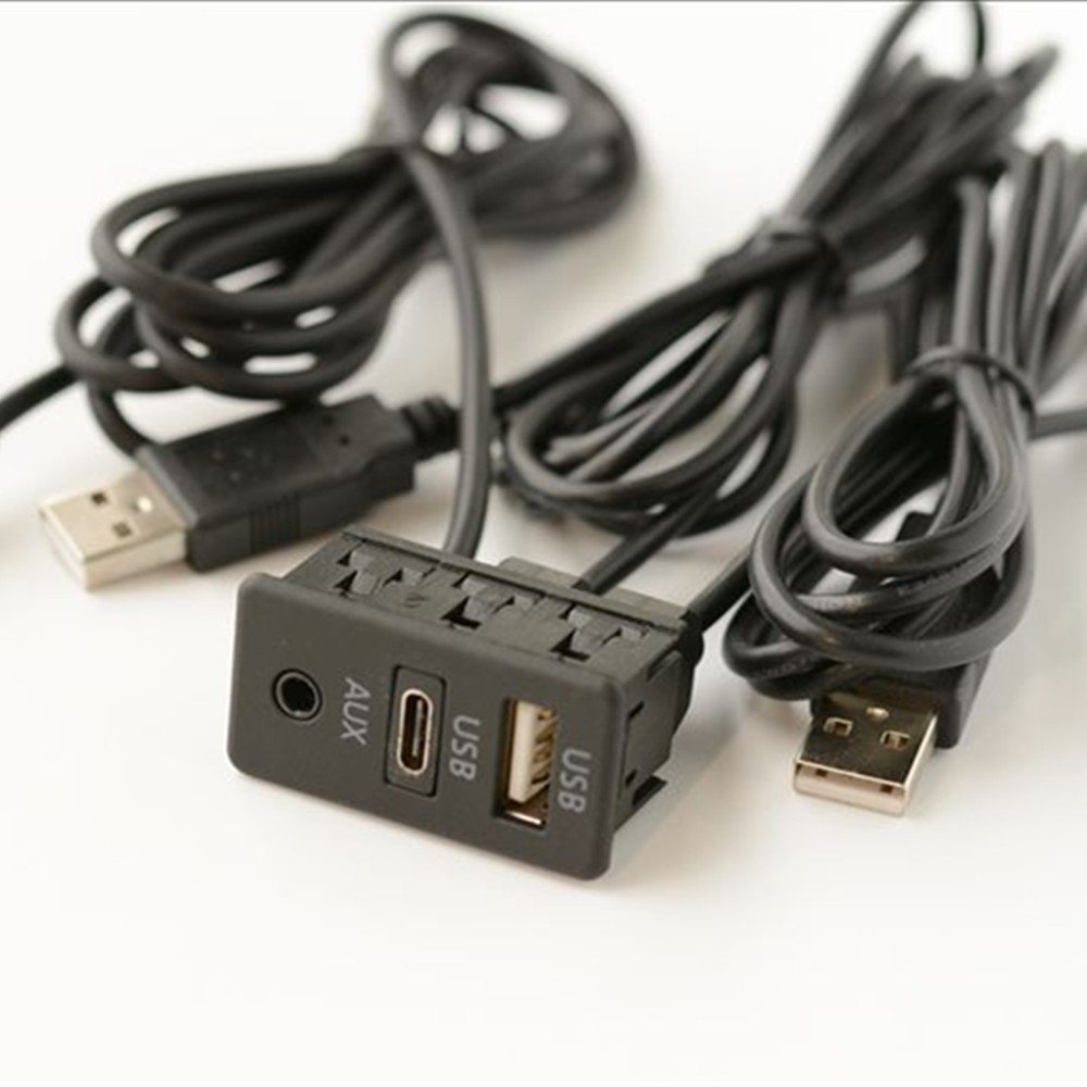 Car Dashboard Mount Type C USB Ports AUX Extension Panel Cable Adapter 150CM