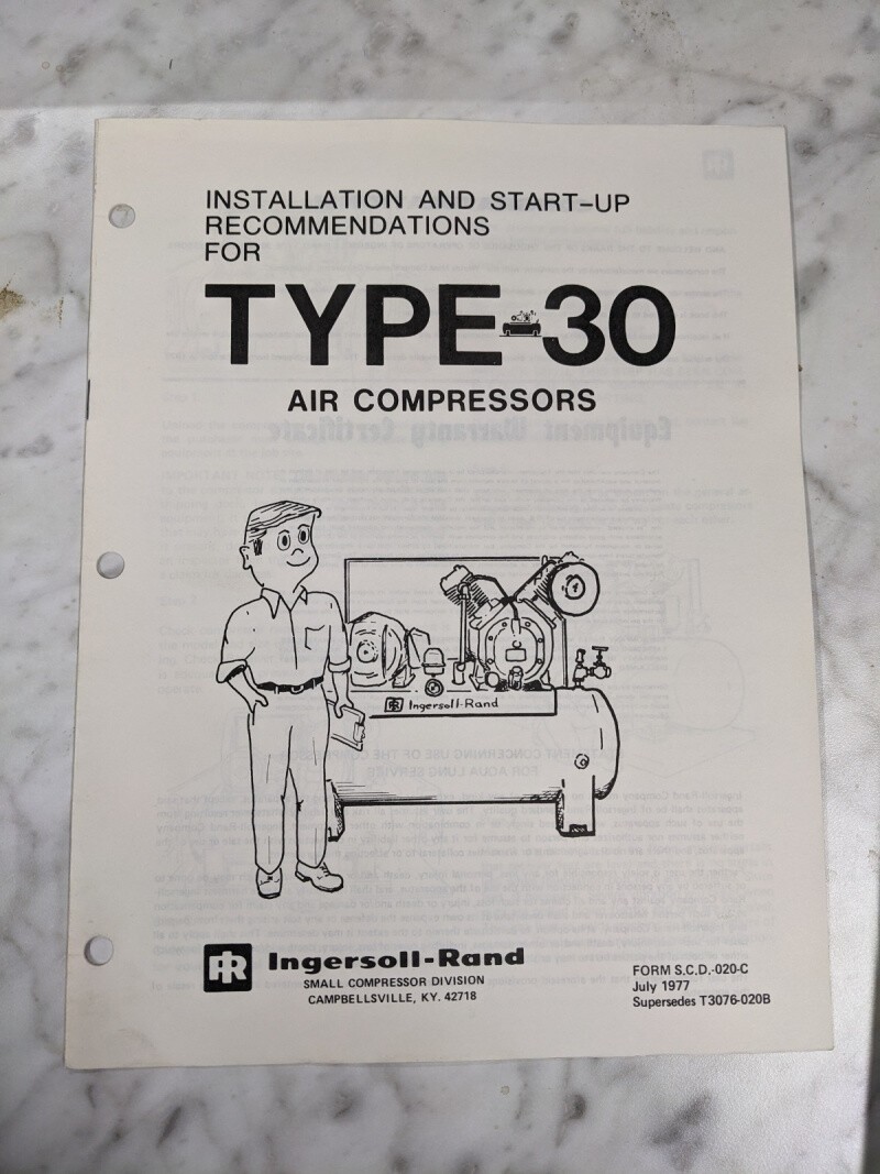 INGERSOLL RAND TYPE 30 0.75-5HP AIR COMPRESSOR INSTALLATION START UP MANUAL 1977