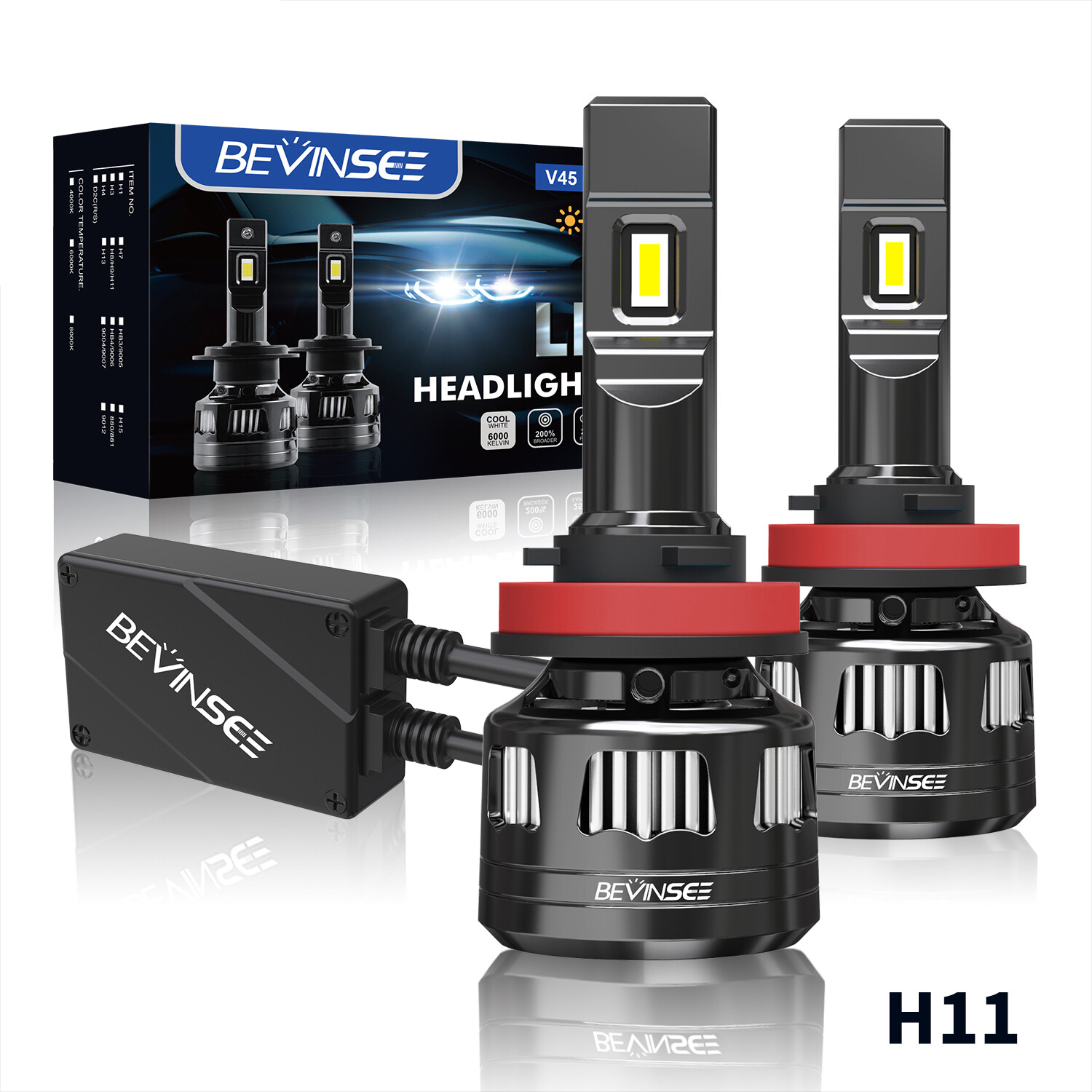 BEVINSEE V45 H8 H9 H11 120W LED Headlights Bulbs High Low Beam Fog Kit 22000LM