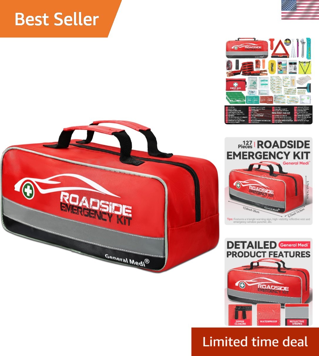Comprehensive 127-Piece Roadside Assistance Kit with First Aid & Safety Gear