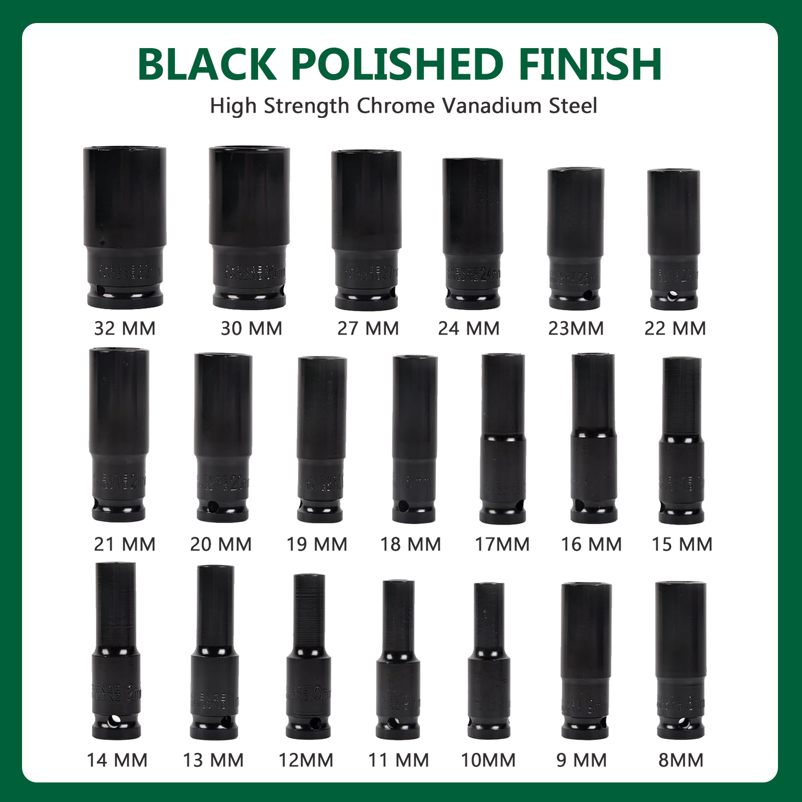 Impact Sockets Set 1/2Inch Drive 20 PCS Metric 8mm-32mm Deep 6-Point Set w/case