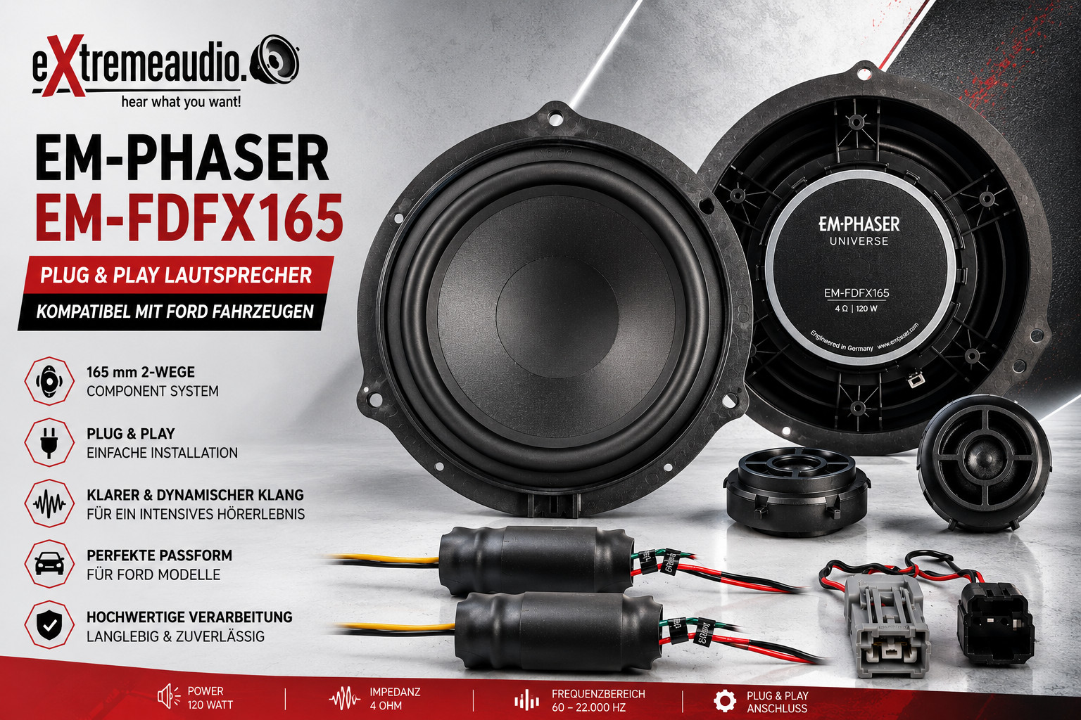 Emphaser EM-FDFX165 6.5″ 16.5cm 2-Way Component Speakers 3 Ohm Bass Kickbass