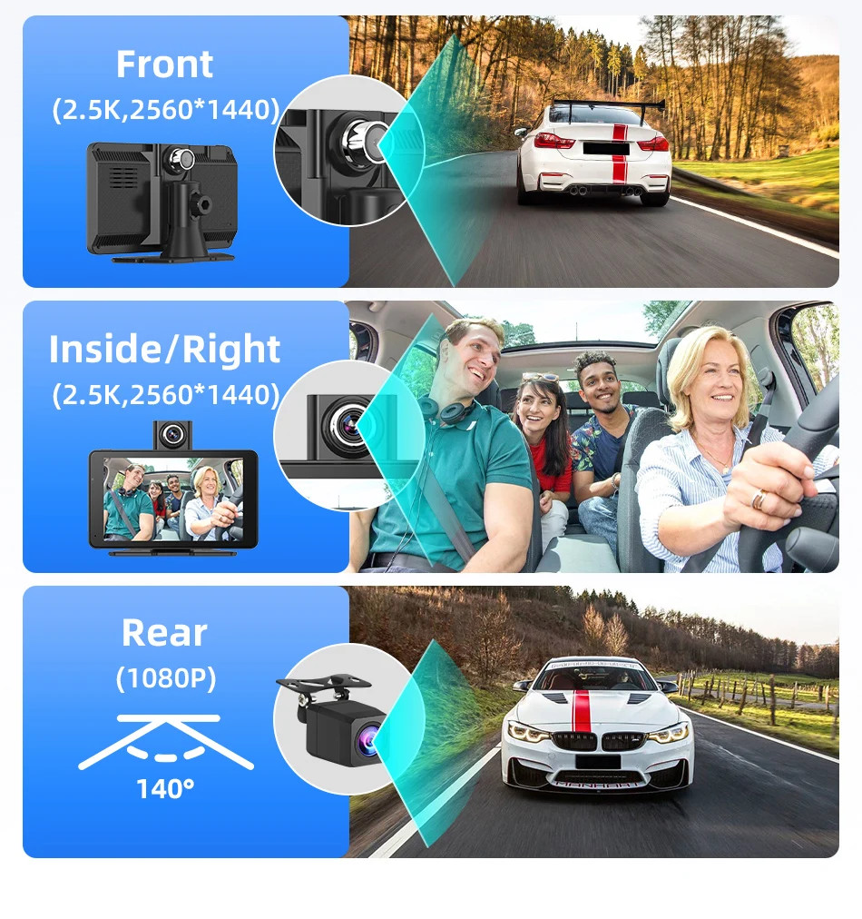 7″ Dash Cam 2.5K DVR Rearview Camera Wireless Carplay&Android GPS Navigation