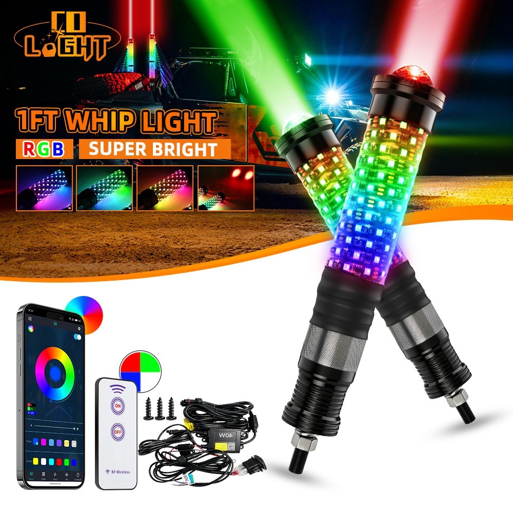 2X 1FT Spiral LED Fat Whip Light Antenna Laser Chasing For Can-am X3 RZR UTV ATV