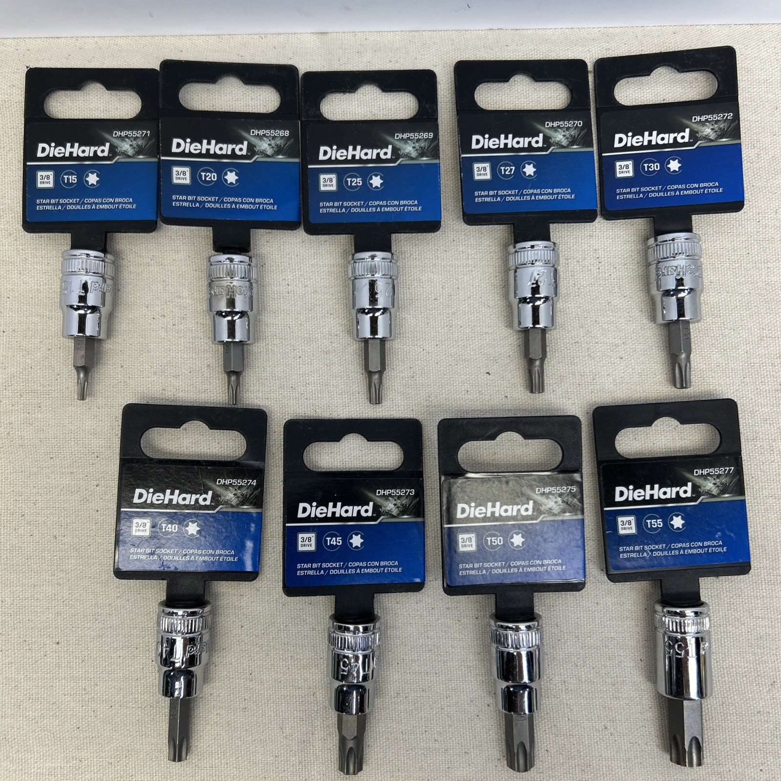 Diehard Torx Bit Set 3/8 Drive T15,T20,T25,T27,T30,T40,T45,T50,T55 9 Piece Set