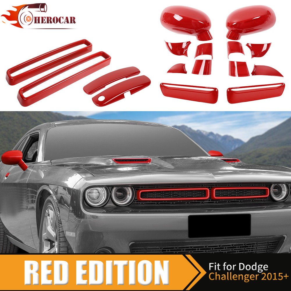 16PCS Red Mirror Covers & Grill Door Handle Cover Trim For Dodge Challenger 15+