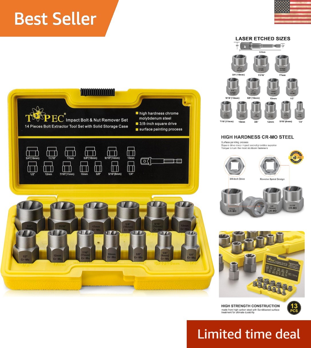 13+1 Impact Bolt & Nut Remover Set – 3/8″ Drive, Rust-Resistant Finish