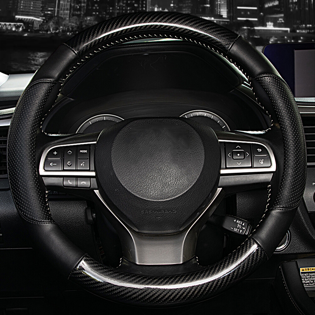 15” Carbon Fiber Black Leather Car Steering Wheel Cover Breathable Non-slip US