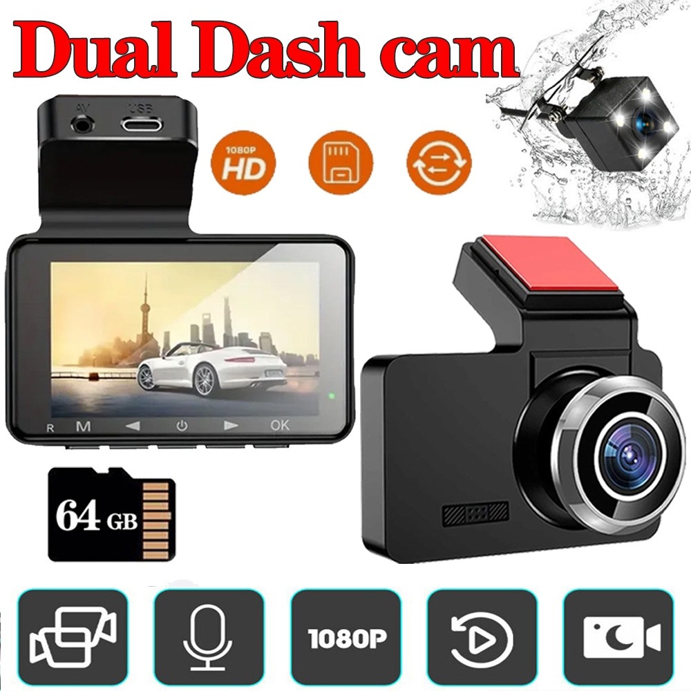 Dash Cam HD 1080p Car Dual Lens Front/Rear/Inside Video Recorder Camera G-sensor
