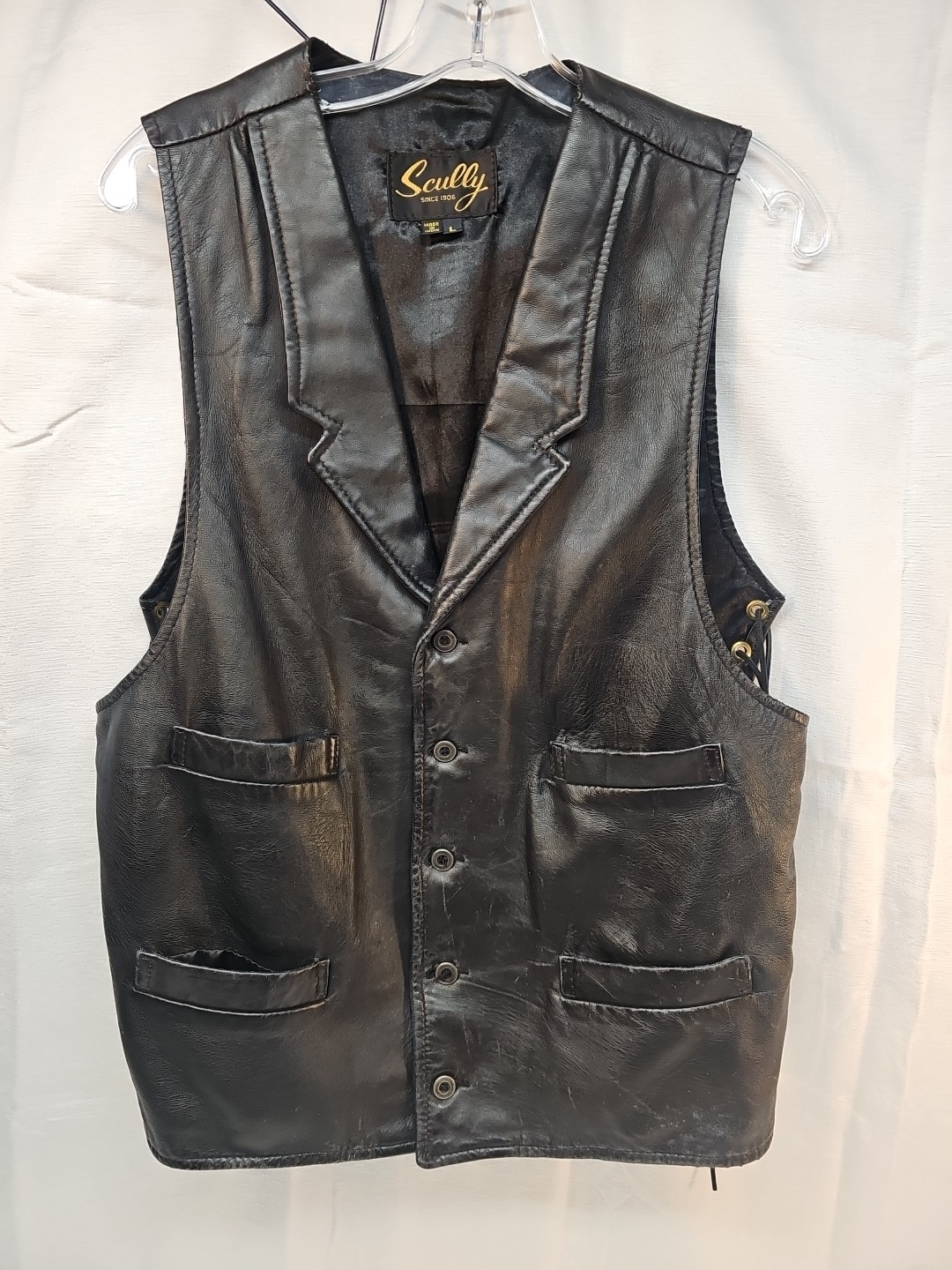 Scully Since 1906 black leather motorcycle side laces button-snap Closure Sz L”