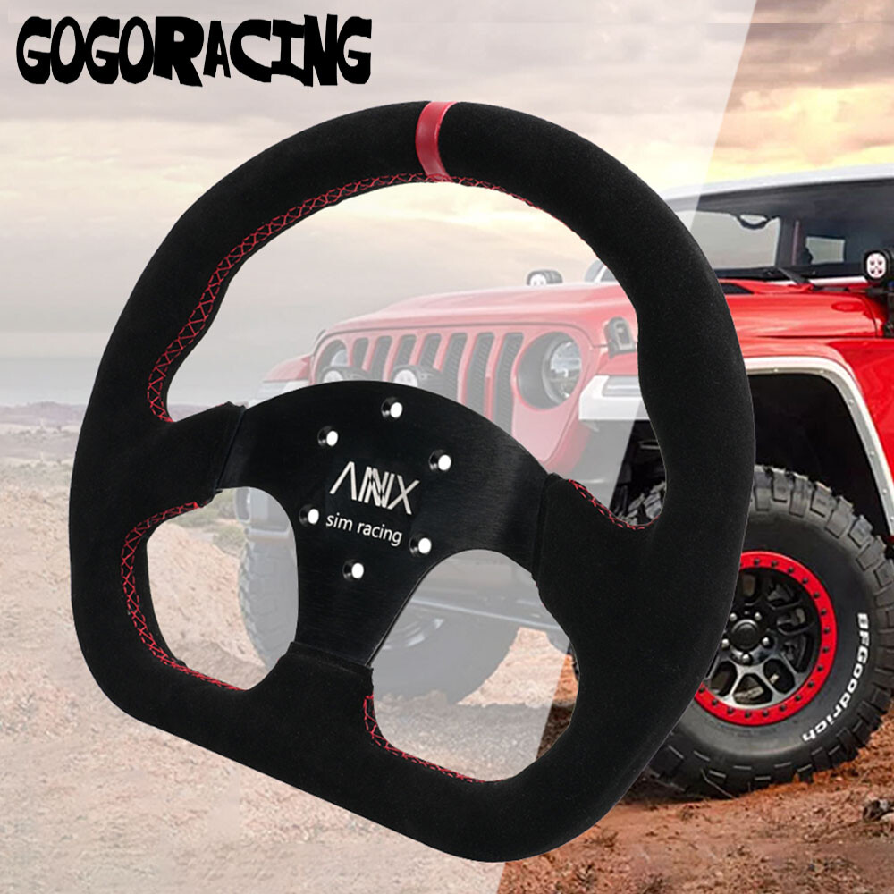 320mm Aluminum Black Suede Red Stitch Flat Bottom D-Shape Steering Wheel Black