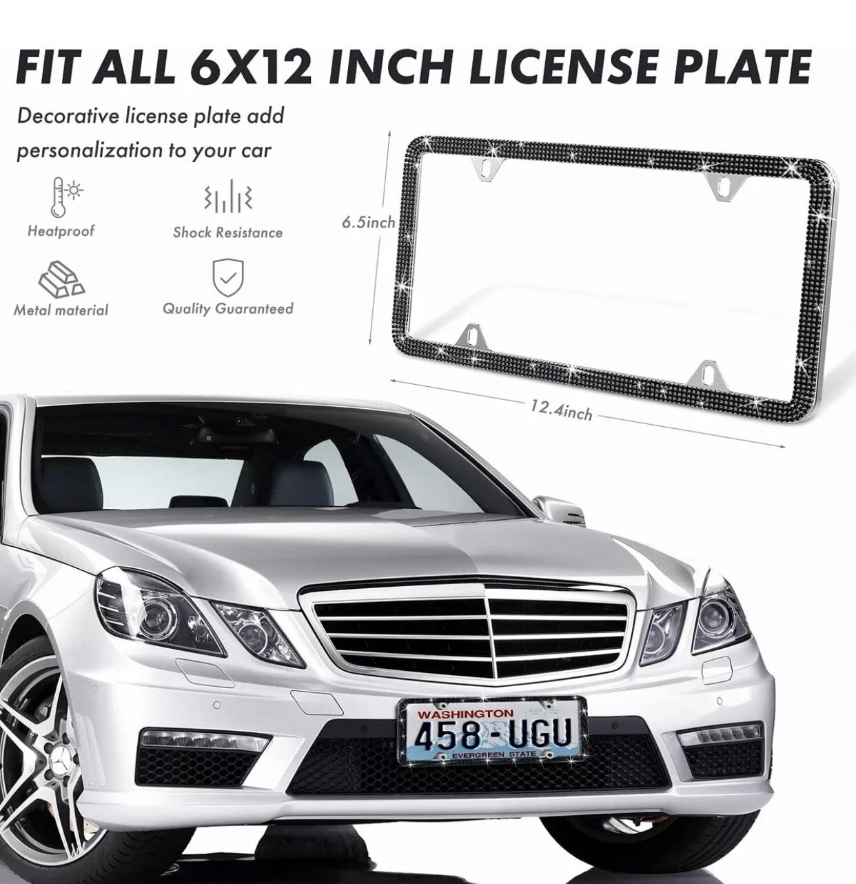 2pcs Black Thin Diamond Bling Glitter Crystal RhineStone License Plate Frame Car
