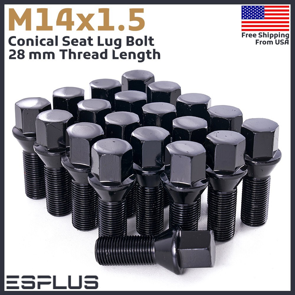 20x Cone Lug Bolt M14x1.5 Black 28mm Shank Fit BMW/Mclaren/Maserati/Seat/Volvo