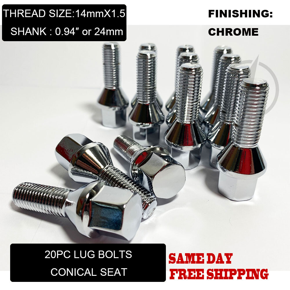 20PC CHROME 14X1.5 CONICAL SEAT LUG BOLTS 0.94” 24MM FIT VOLKSWAGON VOLVO