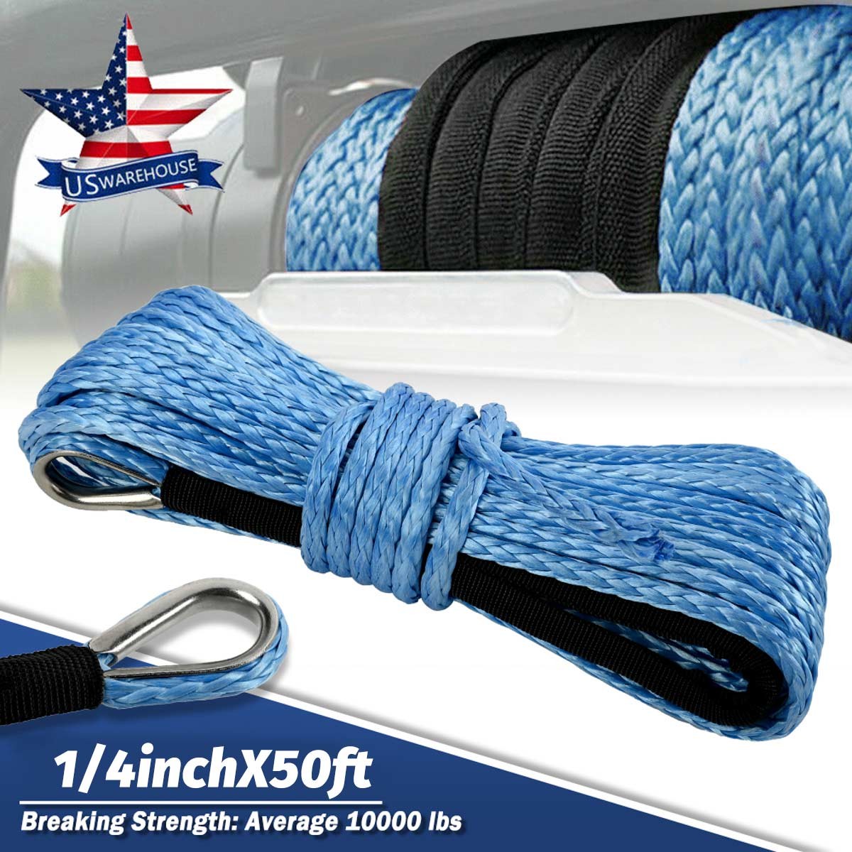 2PCS 1/4″x50′ 10000LBS Synthetic Winch Rope Line Recovery Cable 4WD ATV UTV AB
