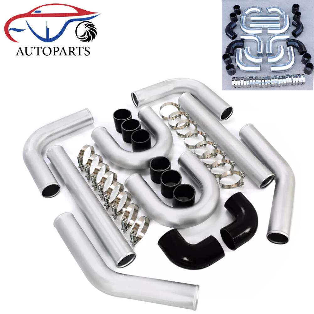 12 pcs 3″ Polished Intercooler + Piping + Black Silicone Coupler + Clamp Kit