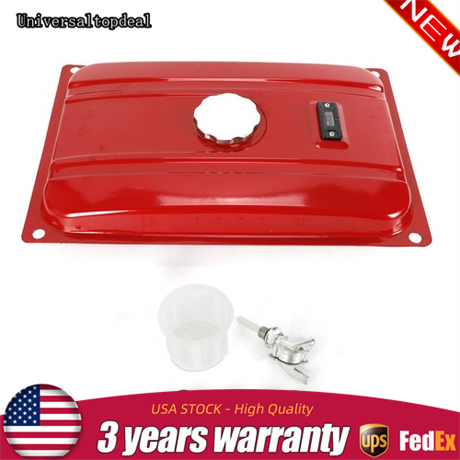4-Gallon Universal Generator Gas Fuel Tank w/ Chrome Cap Gauge Petcock Valve Red