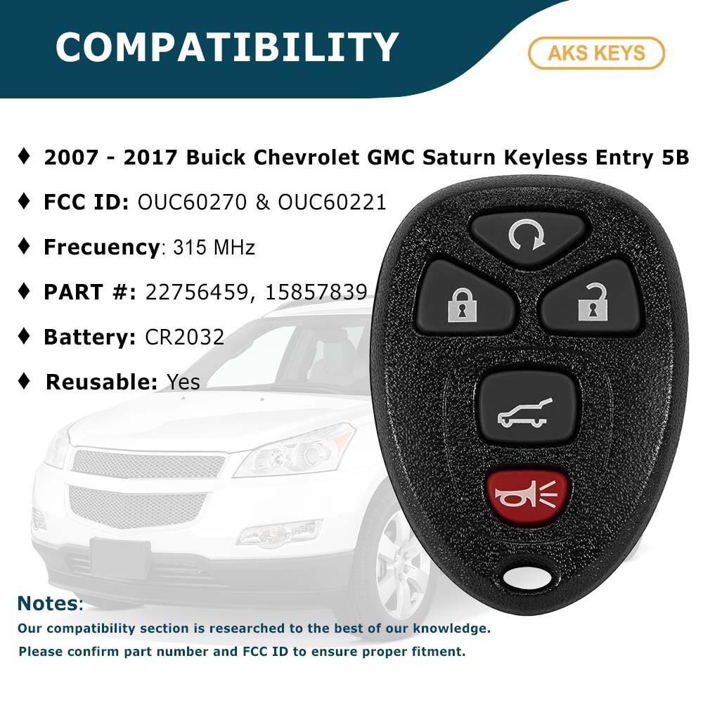 New Replacement for GM Keyless Entry Remote 5B FCC# OUC60221 & OUC60270 (2 Pack)