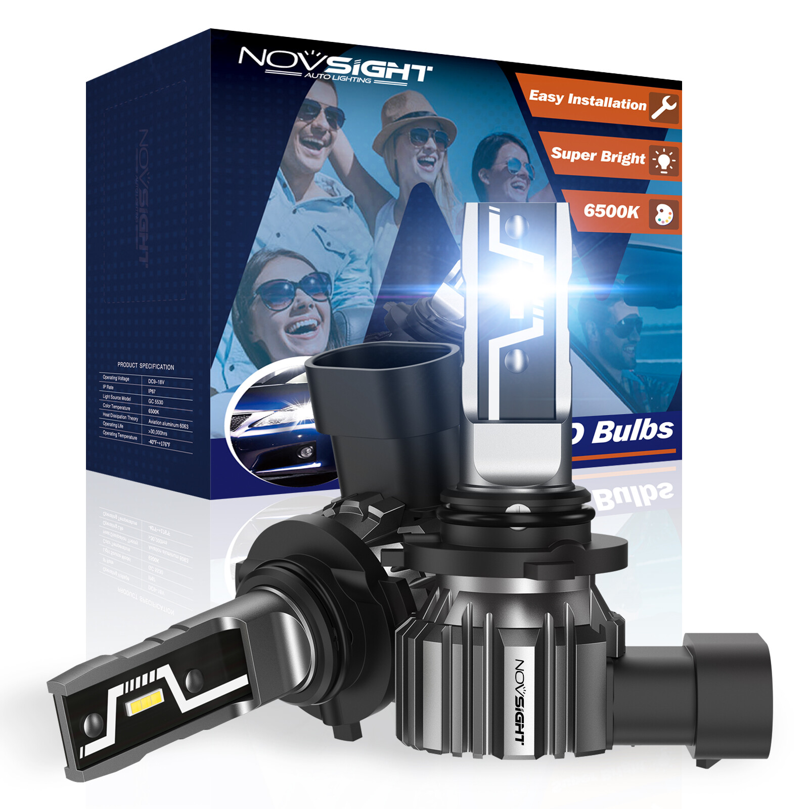 NOVSIGHT 50W 10000LM 9006 LED Headlight Bulbs High Low Beam 6500K White No Error