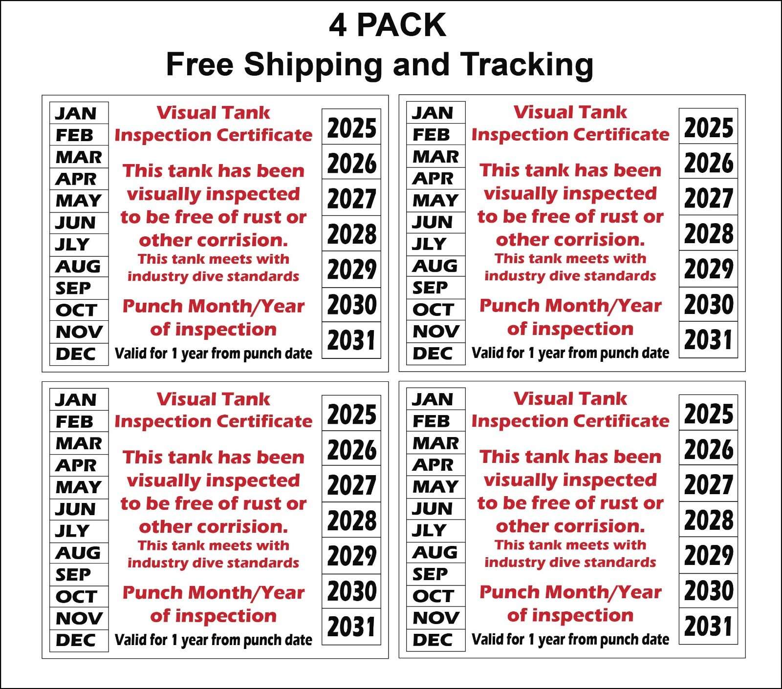 Scuba Tank Visual Inspection Stickers 4 Pack Years 2025-2031 P923