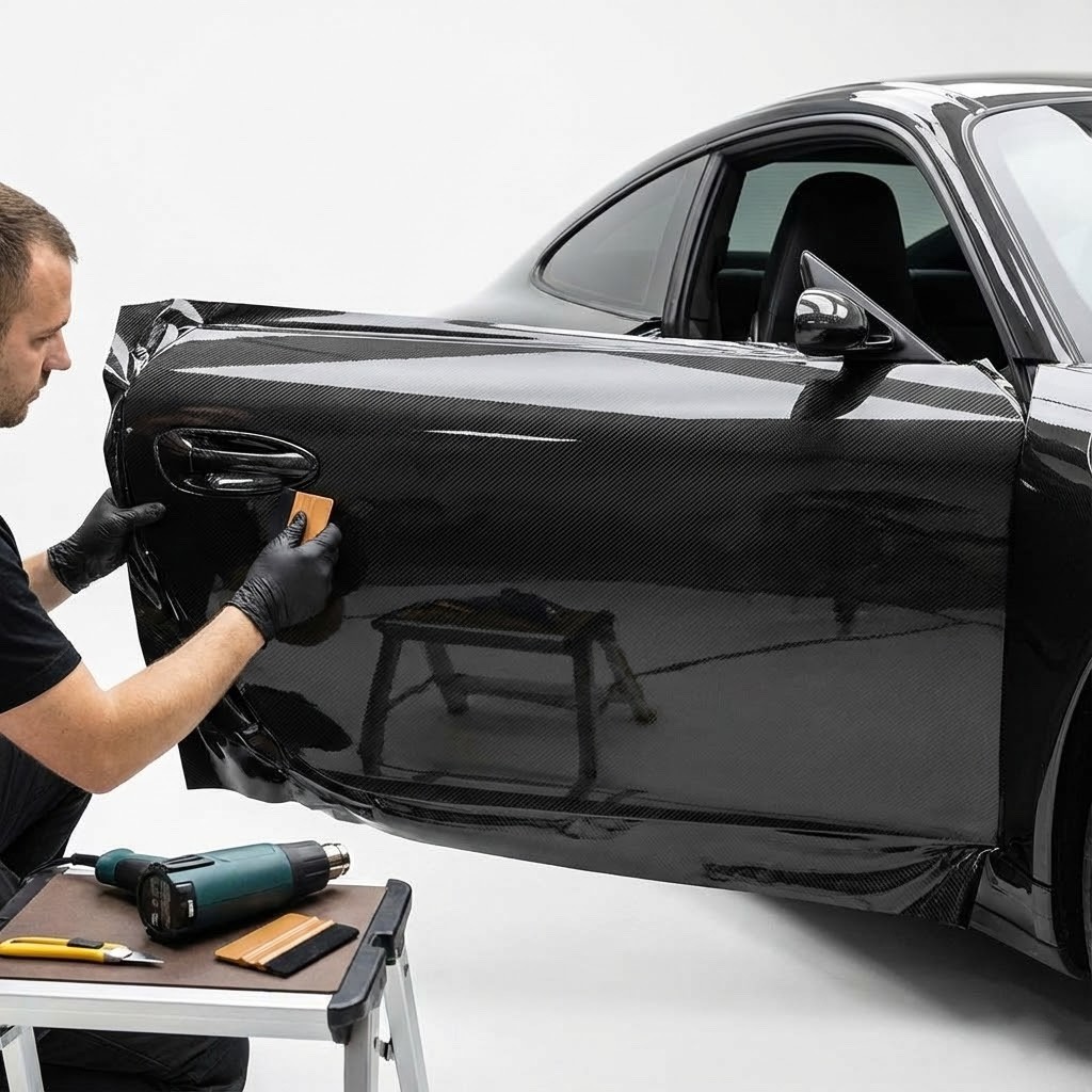 7D Premium Super Gloss Black Carbon Fiber Vinyl Wrap Bubble Free Air Release 6D