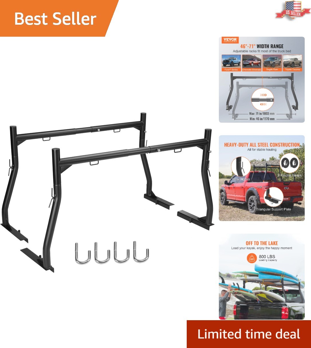 800 lbs Truck Ladder Rack – Extendable Width 46-71 inch, No-Drill Installation